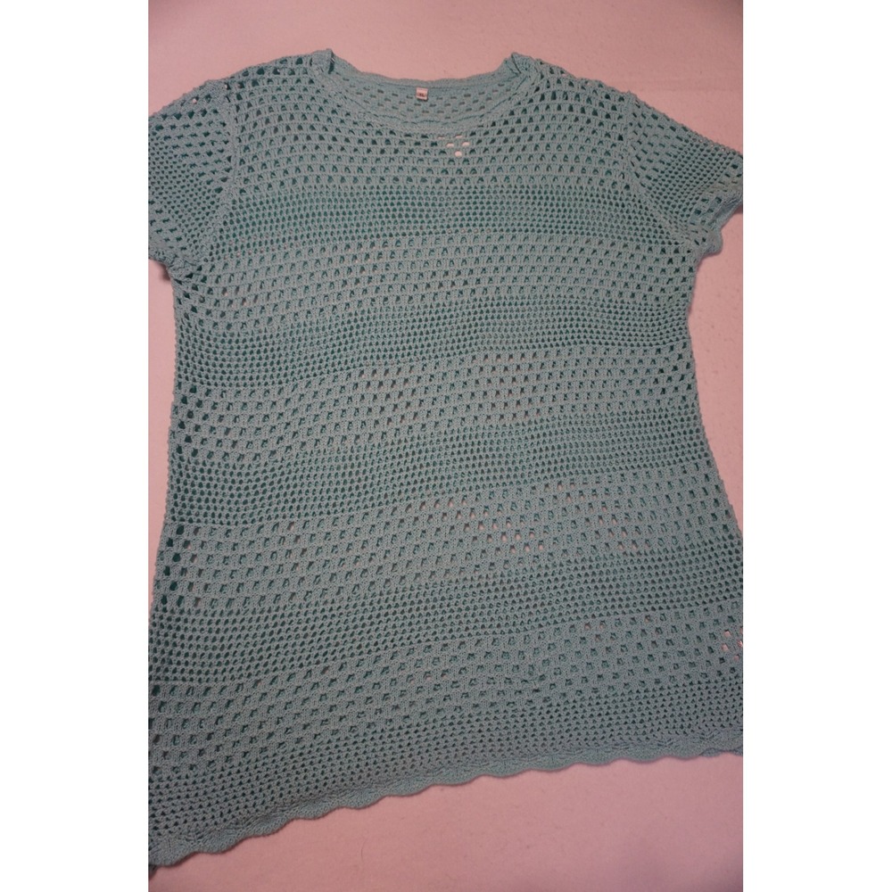 Teal Blue Crochet Knit Short Sleeve Dress/Swim Suit Cover Open Weave XL